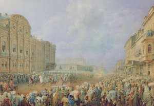 Military Review on the Nevsky Avenue at the Beloselsky-Belozersky Palace, 1859 by Vasili Semenovich Sadovnikov